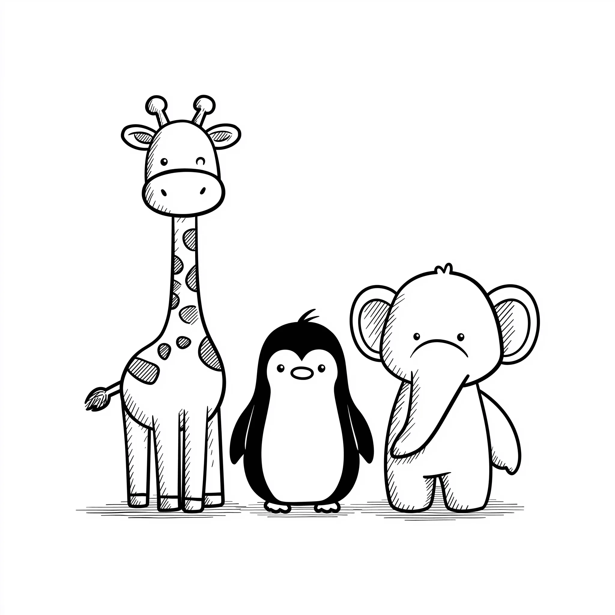 Sketch of a giraffe, a penguin, and an elephant standing side by side