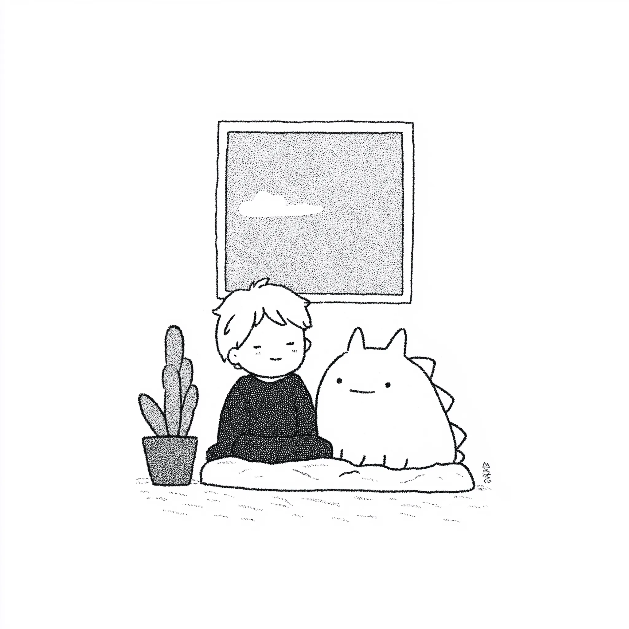 A minimalist black-and-white illustration of a small child sitting cross-legged on a cushion next to a friendly, round dinosaur-like creature. Both appear calm with closed or relaxed eyes. A potted plant sits on the left, and a window behind them shows a simple cloud in the sky. The scene has a peaceful, cozy, and meditative atmosphere.