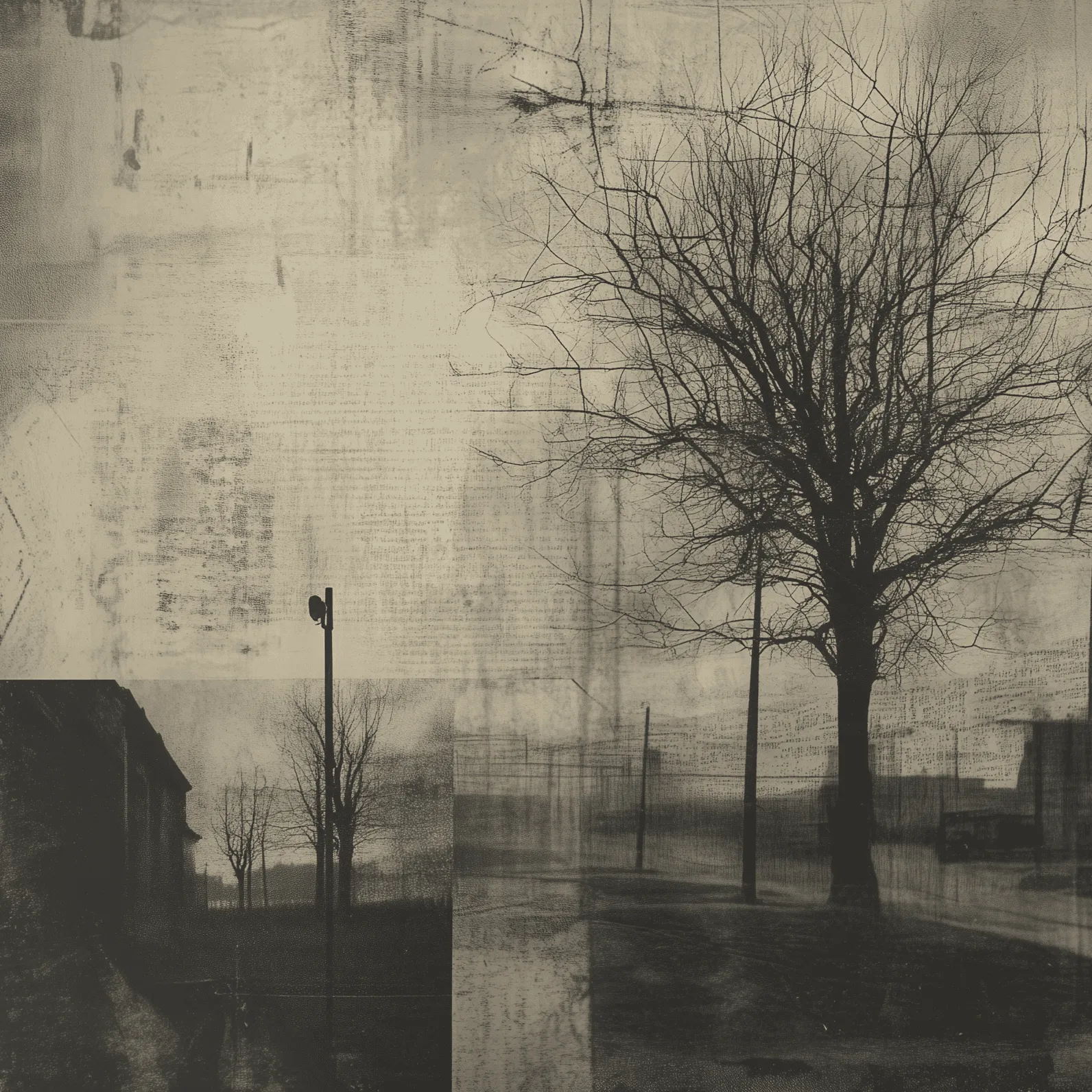 black and white street with tree